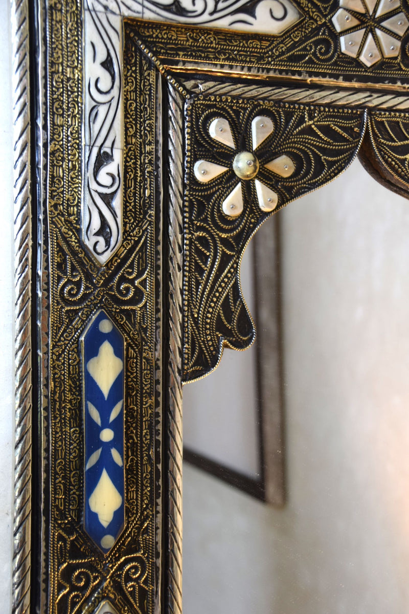 Engraved open mirror in Brass and Bone with indigo embellishments