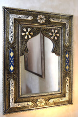 Engraved open mirror in Brass and Bone with indigo embellishments