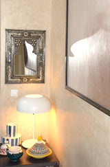 Engraved open mirror in Brass and Bone with indigo embellishments