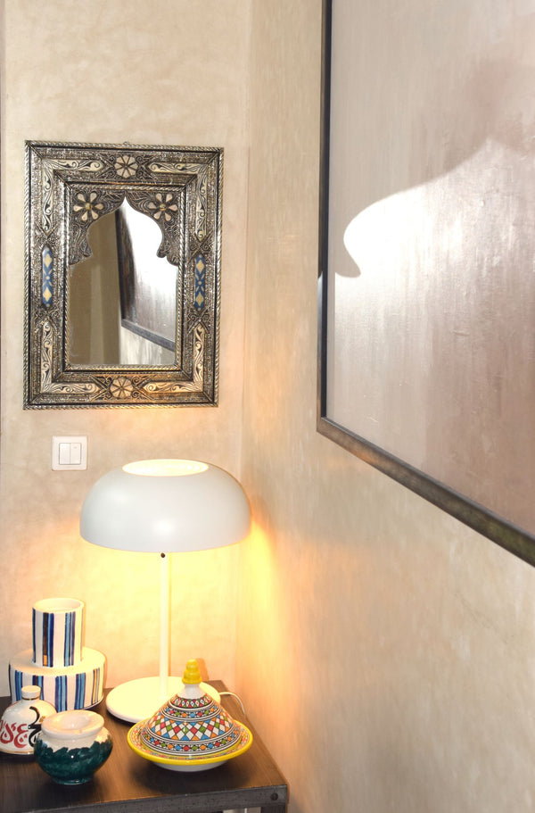 Engraved open mirror in Brass and Bone with indigo embellishments