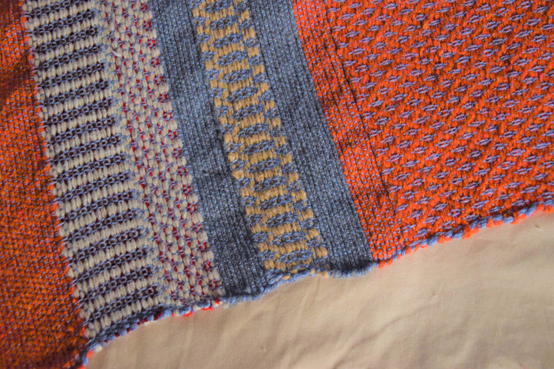 Orange with Blue, Grey Purple and Gold Bands Embroidered Cotton Blanket