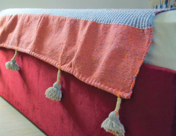 Orange with Blue, Grey Purple and Gold Bands Embroidered Cotton Blanket