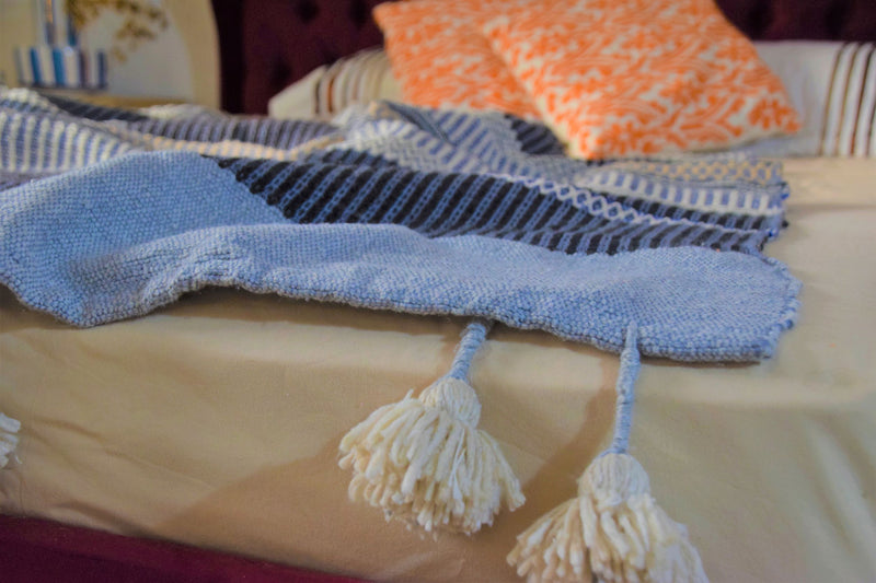 Grey with White, Black and Gold Bands Embroidered Cotton Blanket