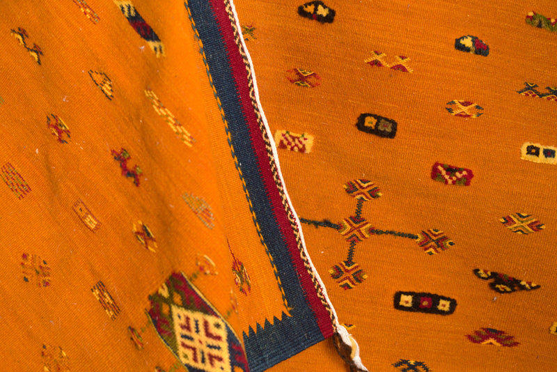 Orange Taznakht Rug with Blue Amazigh Symbols
