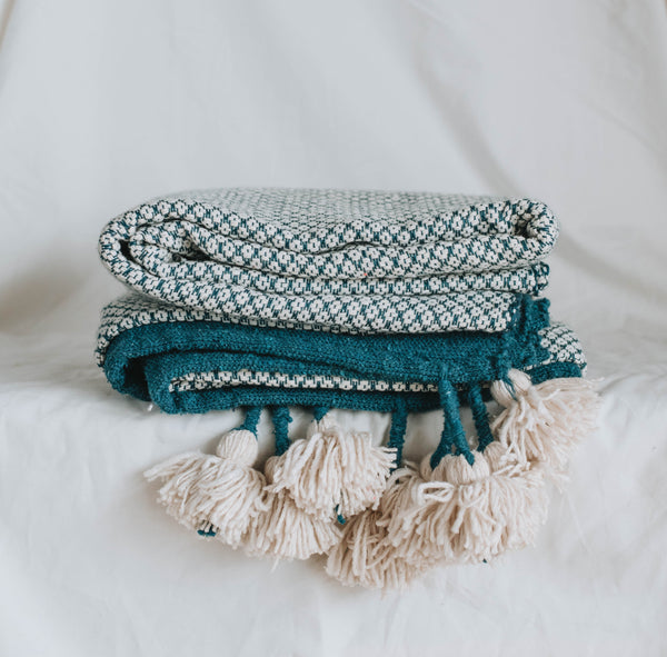 Teal and White Cotton Blanket