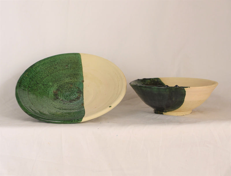 A green half dipped Tamegrout Plate and Bowl