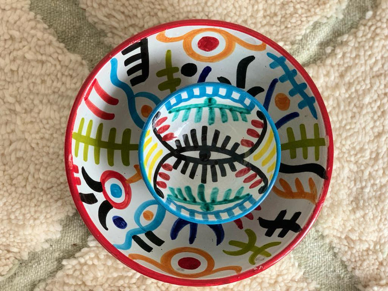 A set of two Naive Art Bowls and a Plate