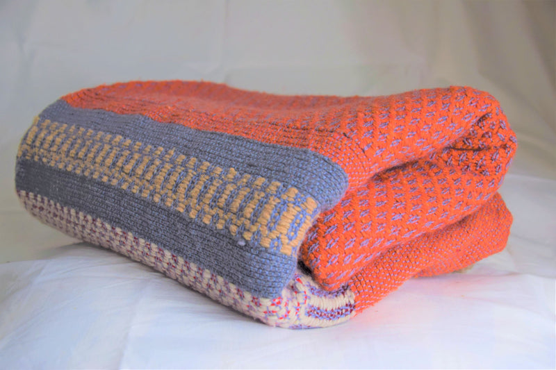 Orange with Blue, Grey Purple and Gold Bands Embroidered Cotton Blanket